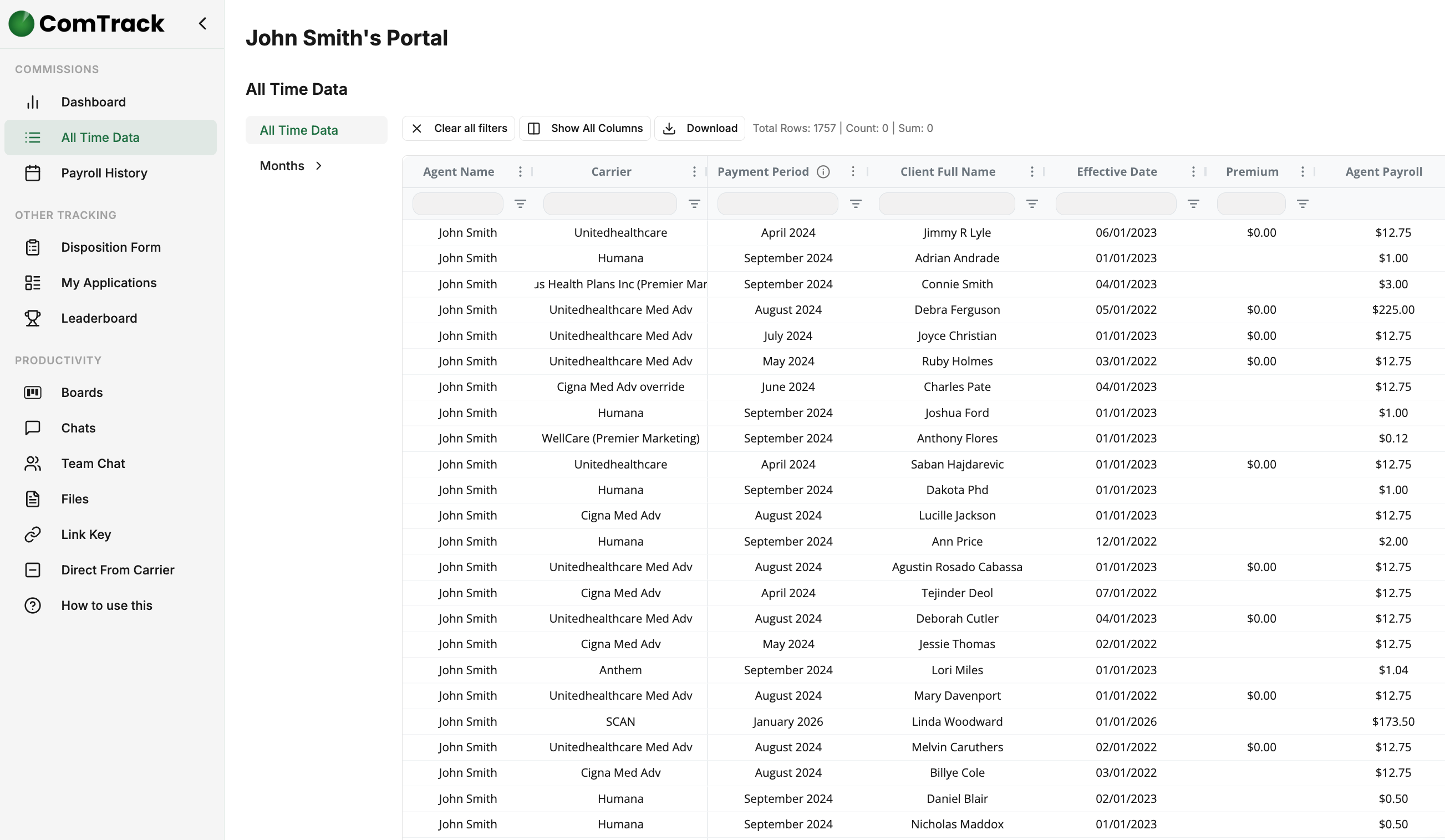 Agent portal showing John Smith's all-time data table with carrier, payment period, client, effective date, premium, and agent payroll for each policy